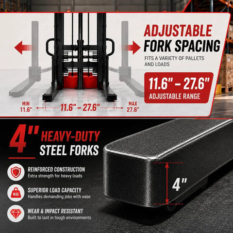 Heavy Duty Semi Electric Pallet Stacker High Lift Pallet Jack shows 4" steel forks with adjustable spacing 11.6" to 27.6" for heavy loads.