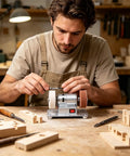 Man using Compact Mini Bench Grinder Featuring Rock Solid 100W Copper Brushless Motor Spinning At Ridiculous 6000 RPM to sharpen tools.