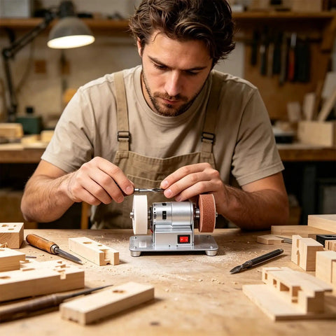 Man using Compact Mini Bench Grinder Featuring Rock Solid 100W Copper Brushless Motor Spinning At Ridiculous 6000 RPM to sharpen tools.