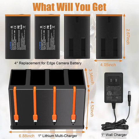 4 Pack 6700mAh Rechargeable Batteries Plus 4 Port Fast Charger For Edge Series Trail Cameras, includes lithium charger and wall adapter.