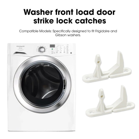 Washer door striker locks, two white plastic replacements for Frigidaire Affinity front-load washers.