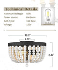 Diagram of Boho Flush Mount Light Fixture With Two Lights Natural White Wood Beaded Ceiling Light 12 Inch with dimensions and specs