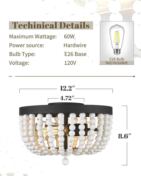 Diagram of Boho Flush Mount Light Fixture With Two Lights Natural White Wood Beaded Ceiling Light 12 Inch with dimensions and specs