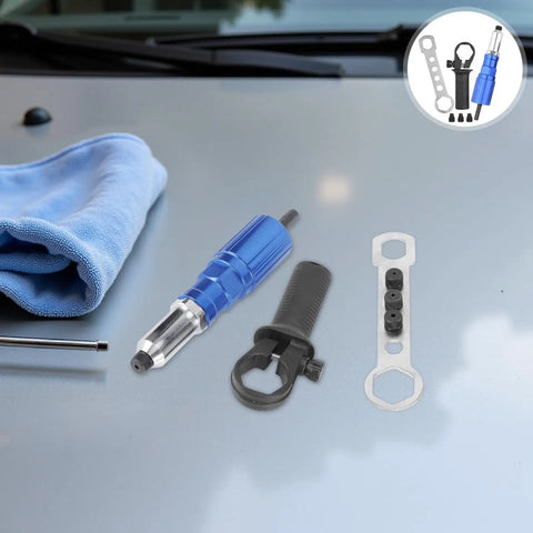 Cordless Rivet Nut Setter Tool Kit for Metal with components on car hood
