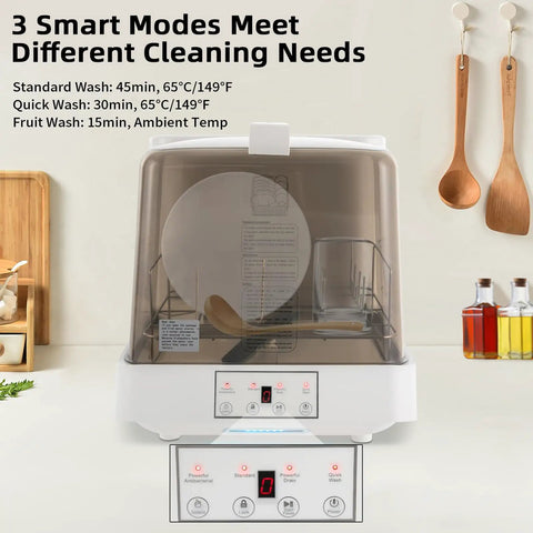Portable Countertop Dishwasher With Clear Window And Three Auto Wash Modes Fits Four Plates, shows control panel with wash settings.
