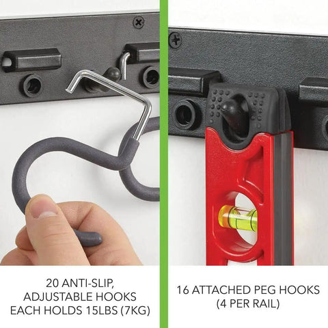 Sixty Four Inch Black Steel Wall Mount Garage Rack Featuring Twenty Heavy Hauling Hooks And Four Slick Modular Rails close-up of hooks and mounted rails