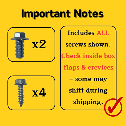 Important notes image showing 2 bolts and 4 screws included, highlighting assembly instructions and shipping tips.