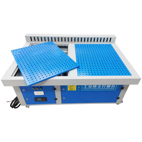 Heavy Duty Metalworking Downdraft Table Dust Collector With Multi Side Suction Panels For Shop Debris That Knocks Out Fine Dust Easy And Runs Super Smooth, featuring blue perforated top panels.