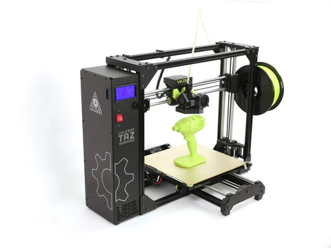 TAZ Workhorse Pro 3D Printer With Premium E3D Hot End And Belt Driven Z Axis, showcasing vibrant green print on a wooden bed.