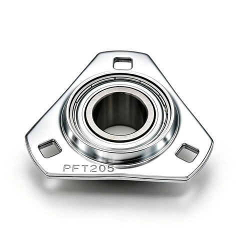 One Inch Setscrew Locking Three Bolt Flange Bearing Housing With Stamped Steel Shell And Tough Chrome Steel Core For Farm Augers And Conveyor Rollers Rock Solid Seamless Swap Upgrade, showing chrome steel core and flange.