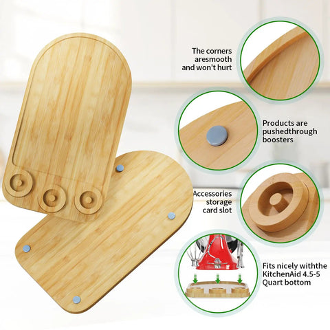 Bamboo 2-in-1 Mixer Slider With Slick Countertop Glide And Has Attachment Holder For Tilt Head Mixers detailed view showing smooth corners and storage.