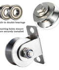 Heavy Duty Stainless Steel Cable Pulley System With Dual Ball Bearings 48 mm V Groove Roller Wheel close-up showing bearings and mount