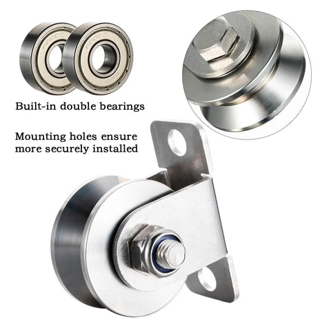 Heavy Duty Stainless Steel Cable Pulley System With Dual Ball Bearings 48 mm V Groove Roller Wheel close-up showing bearings and mount