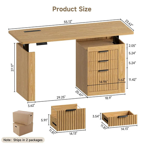 Modern Electric Standing Desk With Hella Spacious Storage And Integrated File Cabinet Featuring Slick Motorized Height Adjustment In Rich Oak Brown dimensions and drawer sizes.