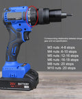 Pro Workhorse Cordless Rivet Nut Gun With Brushless Motor And Massive 4000 Mah Battery showcasing torque settings for M3 to M10 nuts.