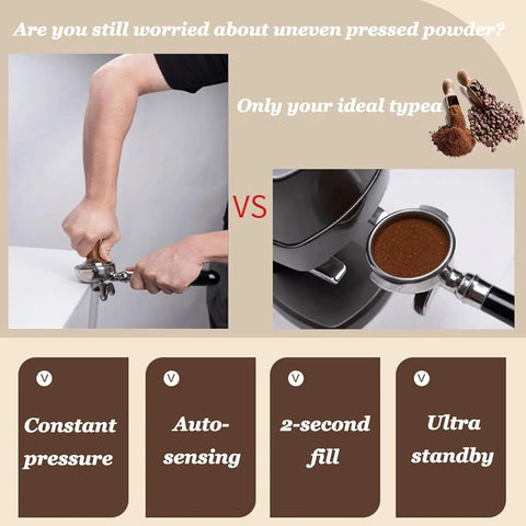 Comparative image showing manual pressing vs Automatic 58mm Espresso Coffee Tamper With Touch Sensor Trigger And Adjustable Pressure Dial.