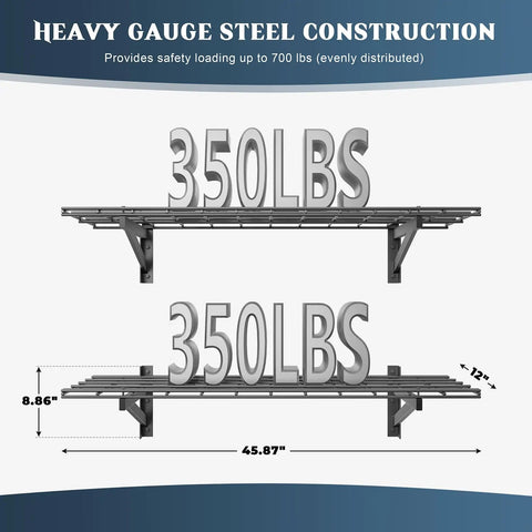 Two Pack Wall Mounted Garage Shelving Delivers Bulletproof 700 Lb Heavy Duty Capacity While Keeping Your Premium Power Gear Stacked Tight Without Any Hassle; heavy gauge steel construction with dimensions showing 350 lbs weight per shelf.