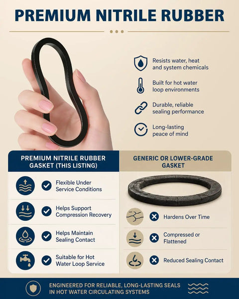 Pro Heavy Duty Rubber Flange Gaskets For Circulator Pumps No Sweat Swap Complete Pump Seal Set For Hot Water Hvac And Hydronic Heating Systems Two Bolt, nitrile rubber gasket shown in hand.