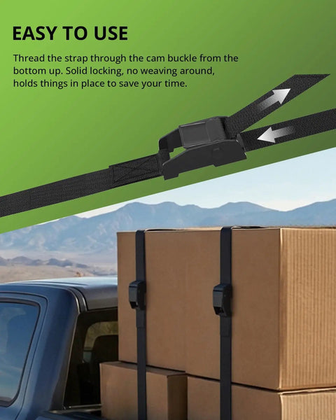 0.75 Inch By 48 Inch Lashing Straps With Cam Buckles securing cargo boxes on a truck bed, no knots needed, black, easy use.