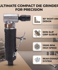 90 Degree Right Angle Pneumatic Air Die Grinder With Textured Non Slip Grip Built Tough For Sweet Access On Tight Jobs Auto Detailing And Heavy Duty Mold Trimming, compact design, rear exhaust system.