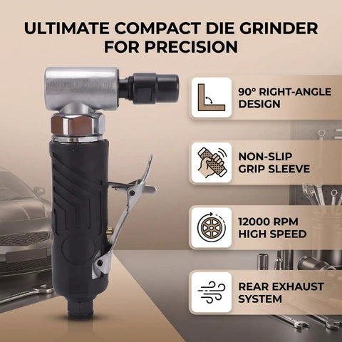 90 Degree Right Angle Pneumatic Air Die Grinder With Textured Non Slip Grip Built Tough For Sweet Access On Tight Jobs Auto Detailing And Heavy Duty Mold Trimming, compact design, rear exhaust system.