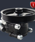 Top Tier Performance Replacement Power Steering Pump Assembly With Pulley Cross Reference 9L3Z3A674C 9L3Z3A674RM close-up view showcasing black housing and pulley.