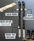 Dope Horizontal Wood Ski Rack Wall Mount With Calibrated Brackets Natural Oak Finish Heavy Duty Storage For Garage Cabin Game Room Holds Fifty Pounds, wall-mounted with skis and boots.