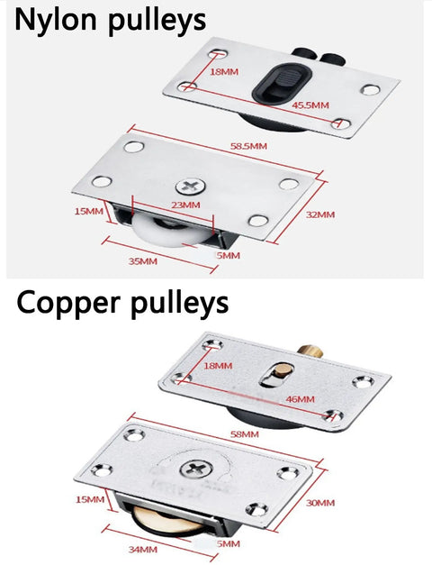 Built Tough Thickened Aluminum Sliding Door Track Kit Single Groove System With Heavy Duty Nylon Rollers close-up of nylon and copper pulleys dimensions.