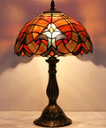 Tiffany Style Red Liaison Stained Glass Table Lamp With Antique Green Bronze Base, 12 Inch Shade And 18 Inch Tall Desk Bedside Reading Light For Bedroom, Living Room, Or Home Office, UL Listed.