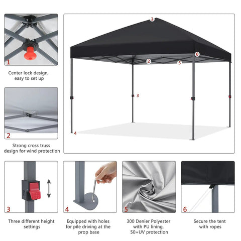 Pop Up Canopy Shelter For Outdoor Patio, Easy One Person Setup In Minutes, Heavy Duty Frame, Portable 10x10 Ft Tent with features