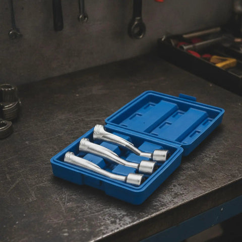Heavy Duty Molybdenum Steel Fuel Line Wrench Set 3 Piece Auto Mechanic Kit in blue case on workbench.
