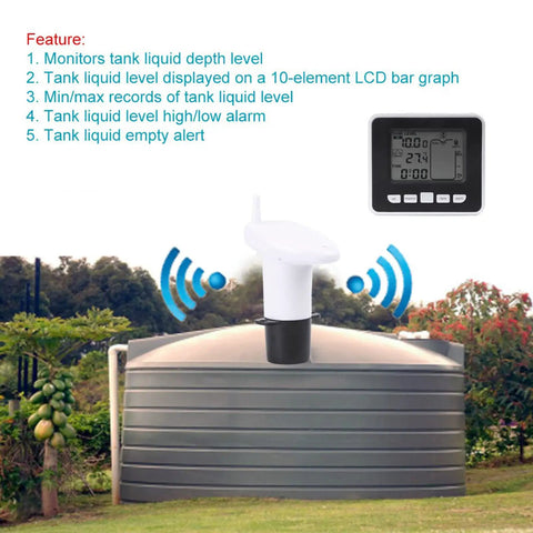 Ultrasonic Liquid Level Sensor with Temperature Display on outdoor water tank showing real-time data on digital screen indoors.