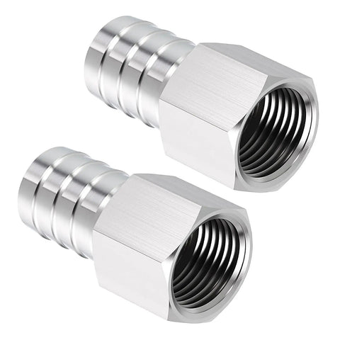 Pack Of Two Stainless Steel Hose Barb Fittings Three Quarter Inch Hose Barb To One Half Inch NPT Female Fittings DIY Friendly Durable Corrosion Resistant For Garden Irrigation Outdoor Plumbing And Quick Connects, showing two metal fittings on a white background.