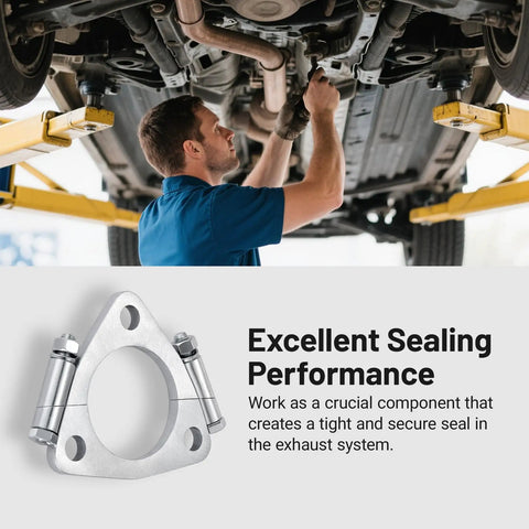 Heavy Duty 2.25 In Triangle Exhaust Split Flange Repair Kit Built From Beefy Carbon Steel With Two Hex Socket Bolts, installed under car.