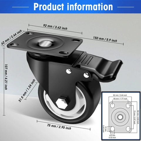Built Tough 3 Inch Swivel Plate Casters With Secure Wheel Brakes And Smooth Double Ball Bearings For Heavy Duty Cart Work That Rolls Easy All Day Long, close-up view of dimensions.