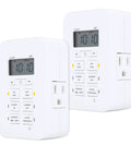 Plug In Digital Timer With Two Grounded Outlets And Seven Day Programming, showing dual timers with programmable buttons.
