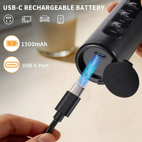 USB-C charging port on Rechargeable Handheld Milk Frother With Stand 3 Speeds And 3 Detachable Stainless Steel Whisks Electric Drink Mixer For Lattes Cappuccinos Matcha Barista Grade Foam And Eggs Kitchen Gadget Gift.