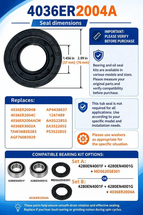 4036ER2004A seal dimensions showing size 1.456 in x 2.99 in for Heavy Duty Front Load Washer Tub Bearings And Seal Kit That Slays Leaks.