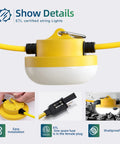 Close-up of Ultra Bright 40W LED Construction String Light With 5000 Lumens Per Head, focus on yellow casing and installation details.