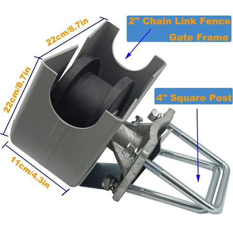 Heavy Duty Nylon Cantilever Sliding Gate Rollers Fits 4 Inch Posts And 2 Inch Chain Link Frames showing detailed parts and dimensions.