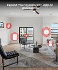 Living room with Wireless Home Security System With WiFi App Alerts Alexa Compatible devices highlighted, including keypad and sensors.