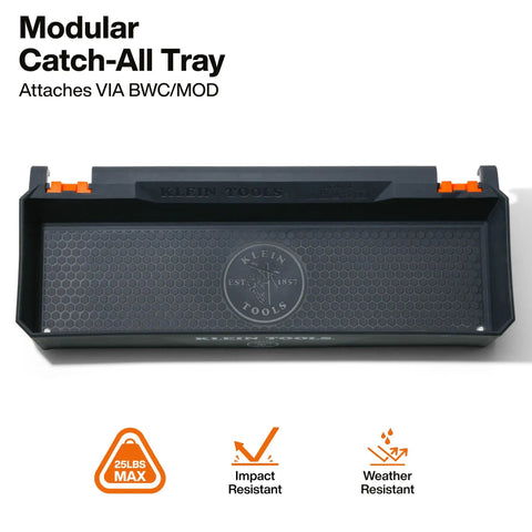 Heavy Duty Tray Module Rail System Attachment With 25-Pound Load Rating For Weather-Resistant Catch All Storage On Man Lifts Scissor Lifts And Elevated Work Platforms, black plastic with orange clips, top view.
