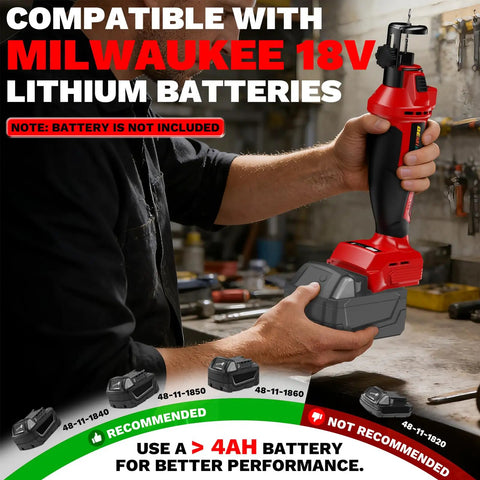 Heavy Hitter Cordless Drywall Rotary Saw With Three Adjustable Speeds And Brushless Motor Up To Thirty Thousand Rpm Tool held with Milwaukee battery compatibility.