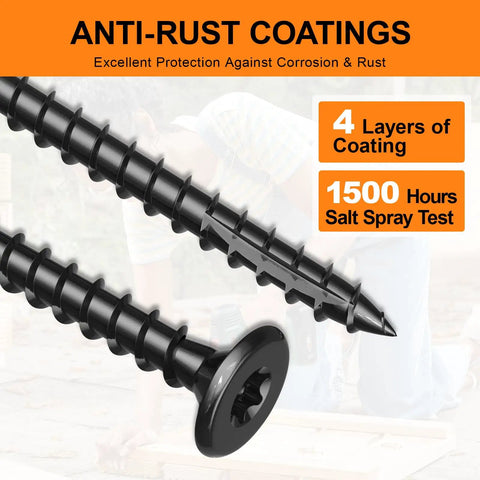 Close-up of Deck Screws Set 100 Pcs Black 8 By 1 Inch Star Drive Wood Screws showing anti-rust coatings for outdoor use.