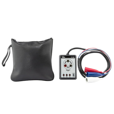 3 Phase Sequence Tester With Color Coded Insulators next to black carrying pouch, electrical tool, for field technicians