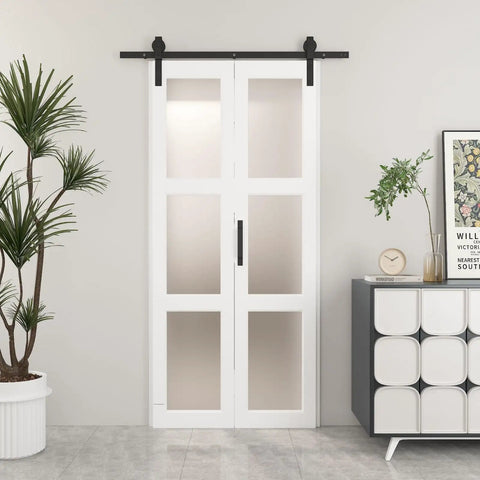 32 By 84 Inches Sliding Bifold Barn Door With Clear Glass Top Shelf Space Saving Interior Panel For Tight Spaces Bedroom Pantry Laundry Smooth Operator in modern interior.