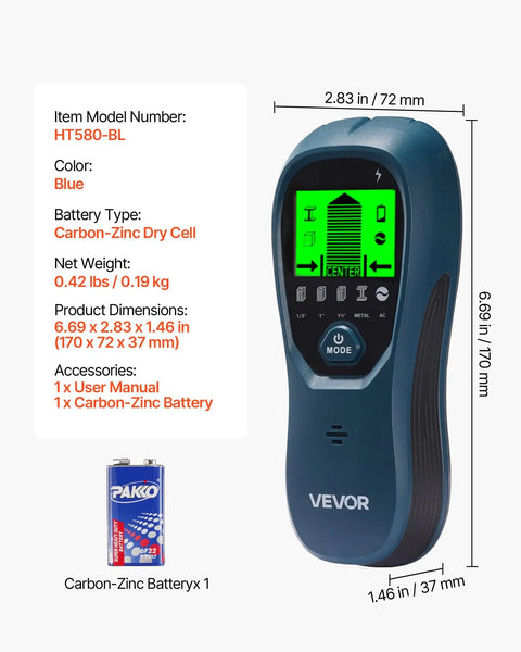 Rock Solid Stud Finder Wall Scanner With Smart Sensor And Hd Lcd Display Dead Accurate Locator in blue color showing LCD screen.