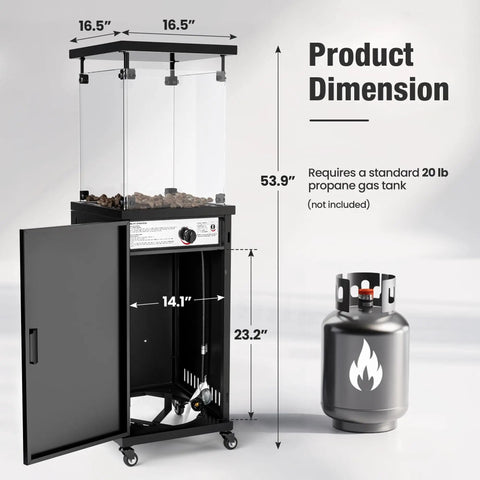 41,000 BTU Propane Patio Heater With Lockable Wheels And Weather Cover, CSA Certified Outdoor Heater dimensions and gas tank shown