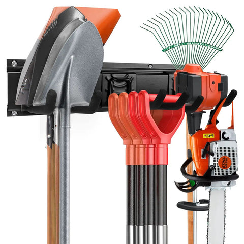 Heavy Duty Garage Wall Organizer Rack Kit with shovels, rake, trimmer mounted on aluminum panels with mop and multi-purpose hooks.