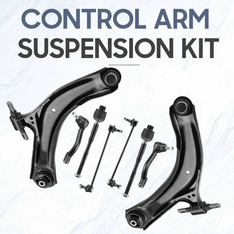 Rugged Front Lower Control Arm Assembly And Inner Outer Tie Rod Ends Plus Sway Bar Links 8 Piece Direct Fit Suspension Tune Up Kit For Nissan Rogue 2008 Through 2015 displayed with control arms and tie rods.